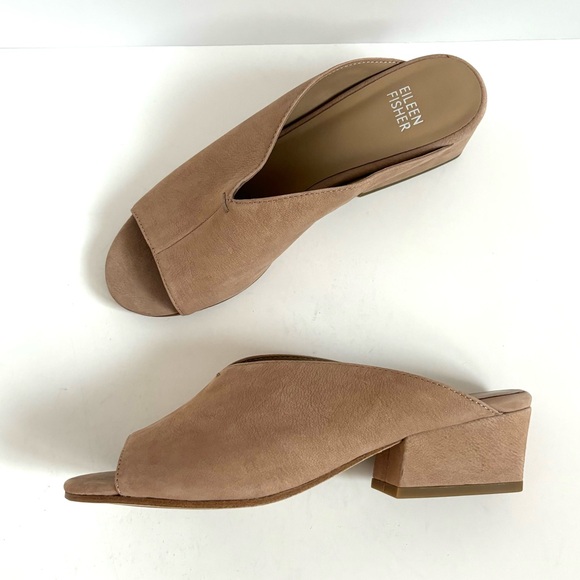 Eileen Fisher Leather Open Toe Slip On Mules Block Heeled Nude Womens Size 6 NEW - Picture 1 of 10
